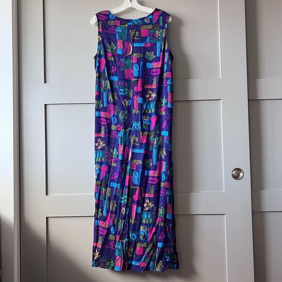 VTG Drapers & Damons Maxi Dress Women Sz 14 Leaves Purple Sleeveless Lightweight - Picture 2 of 14